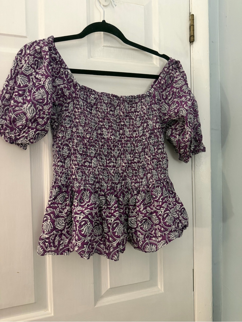 Jennifer & Grace Purple Paisley Smocked Puff Sleeve Peplum Top Medium